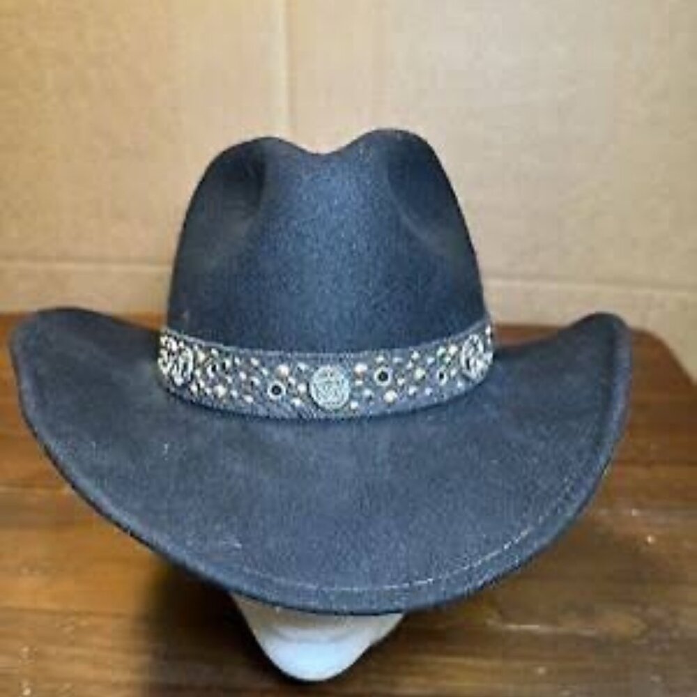 Amazon Size Small (S) Black Wool Felt Cowboy Hat with Silver Medallion Band West